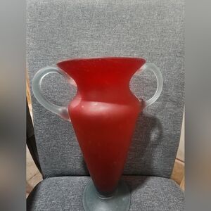 Ruby red double handle satin glass vase